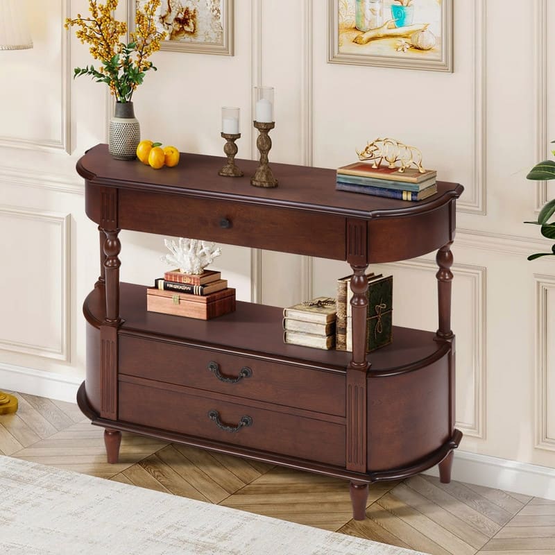Retro 43" Curved Wood Console Table with 3 Drawers and Open Shelf, Sofa Table Behind Couch for Living Room and Hallway Storage