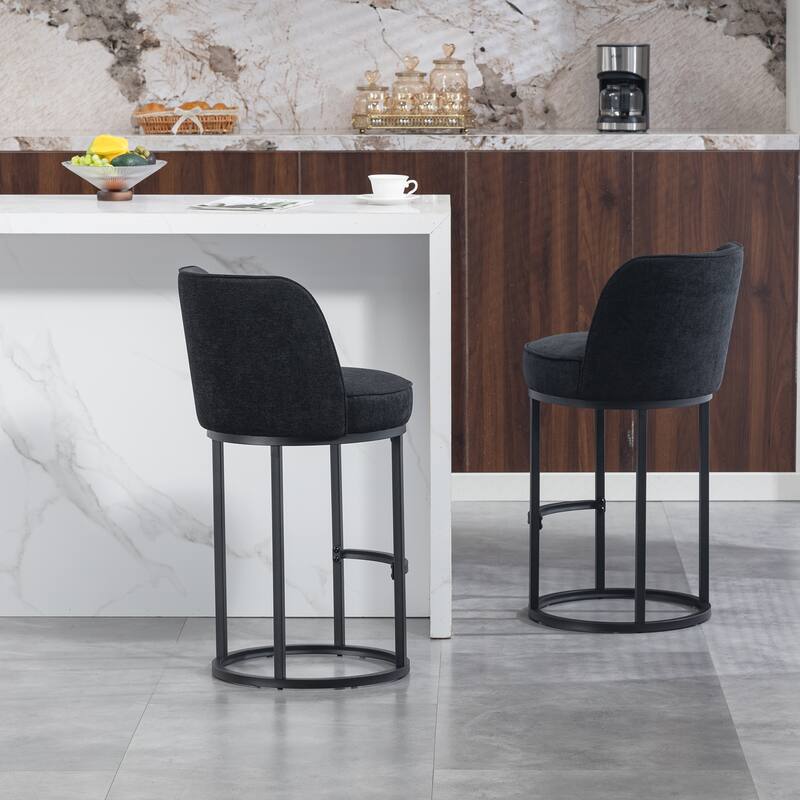Counter Height Bar Stools Set of 2, Modern Barrel Counter Stools with Backrest, Linen Fabric Upholstered Accent Bar Stools