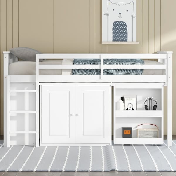 slide 2 of 23, Twin Loft Bed with Pull-Out Desk, Built-in Cabinets, Drawers, Shelves, and Safety Guardrail, Solid Rubber Wood Frame with Ladder White