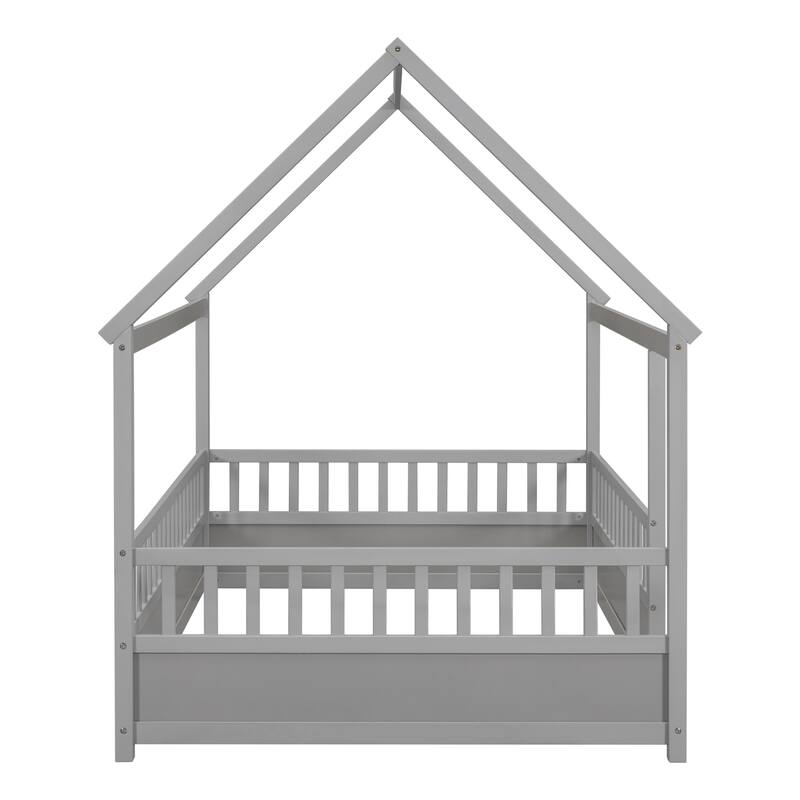 Full Size Floor Wooden Bed with House Roof Frame, Fence and Guardrails
