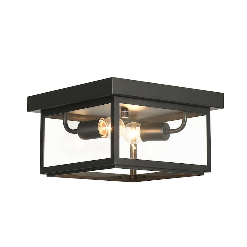 Modern Farmhouse 2-Light Black Flush Mount Glass Patio Outdoor Ceiling Lights - L 11" x W 11" x H 5.1"