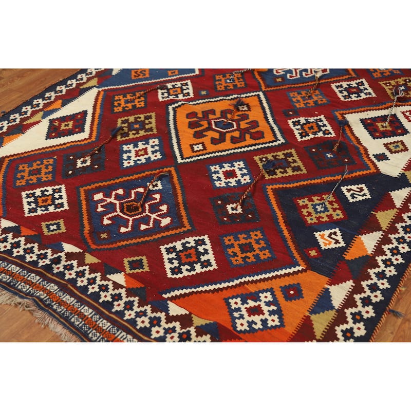 Geometric Kilim Qashqai Persian Vintage Area Rug Handmade Wool Carpet - 5'5" x 8'0"