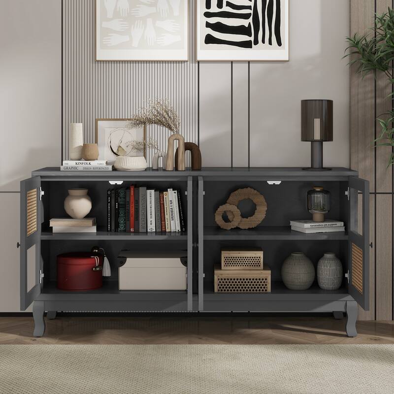 4-Door Sideboard with Large Storage Space Artificial Rattan Doors and Transparent Glass, for Dining Room Living Room
