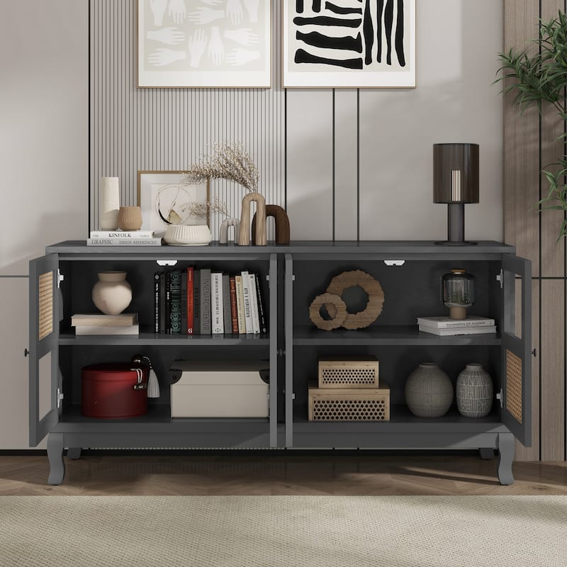 Sideboard Cabinet with Artificial Rattan Doors, Accent Cabinet with Adjustabel Shelves, Buffet Cabinet with Wooden Legs