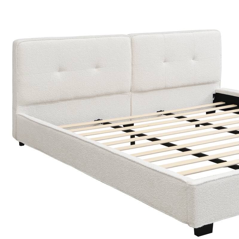 Roomfitters King Size Boucle Upholstered Platform Bed with Curved Tufted Headboard and Soft Corners, Beige