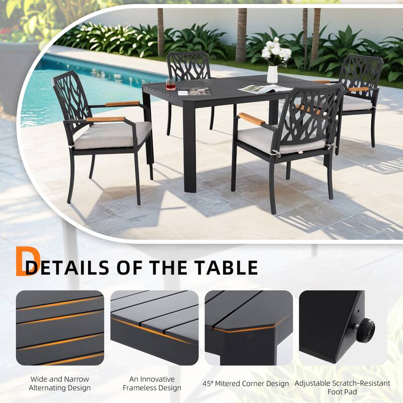 5-Piece Outdoor Aluminum Dining Set with Rectangular Table & 4 Chairs - Branch Backrest, Sunbrella Cushions, Bourbon Brown