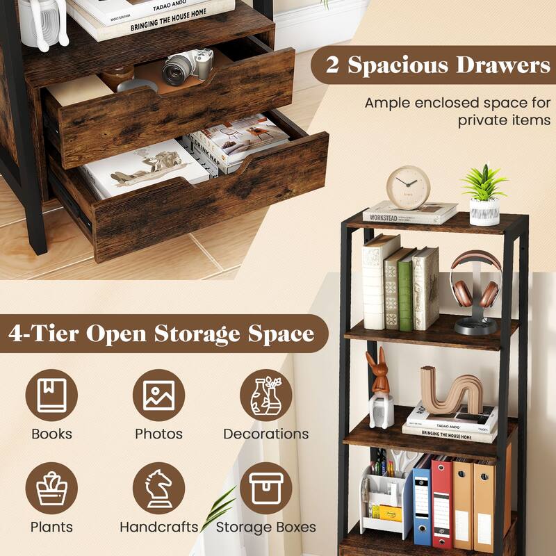Gymax 4-tier Bookshelf w/ 2 Storage Drawers Sturdy Metal Frame