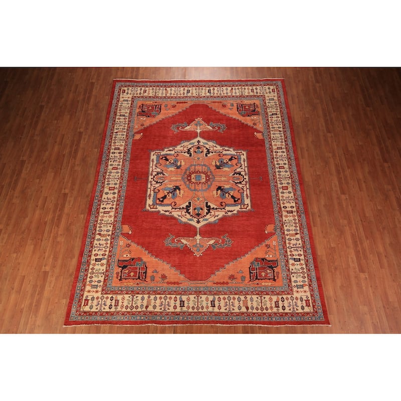 Geometric Heriz Serapi Vegetable Dye Area Rug Hand-Knotted Wool Carpet - 8'11" x 11'11"