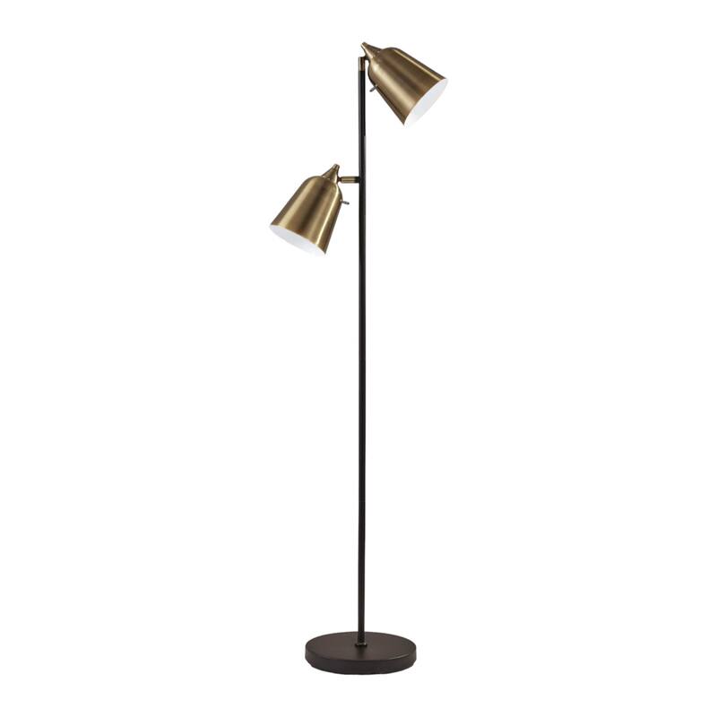 Black Metal Two Light Task Floor Lamp with Antiqued Brass Cone Shades Push Switch - 15” x 16” x 57.5” (D x W x H0 - Black