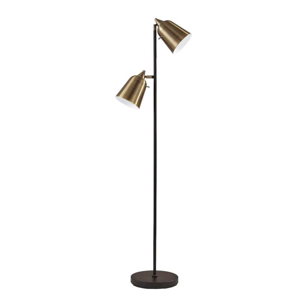 Black Metal Two Light Task Floor Lamp with Antiqued Brass Cone Shades Push Switch - 15” x 16” x 57.5” (D x W x H0