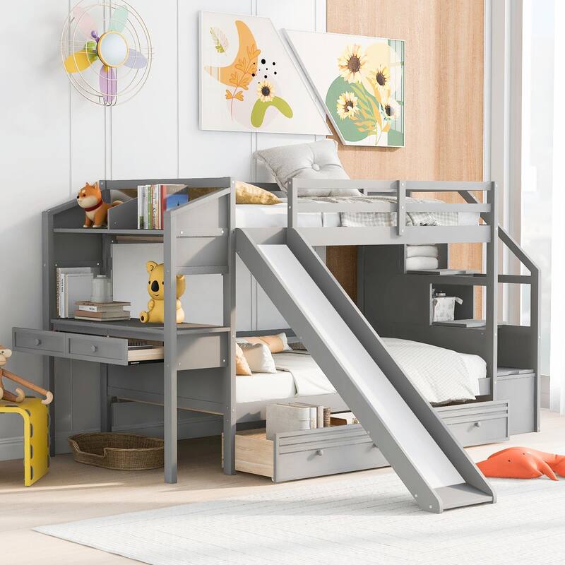 Twin over Twin Bunk Bed with Storage Staircase, Slide, Drawers, Desk, and Shelves - Grey