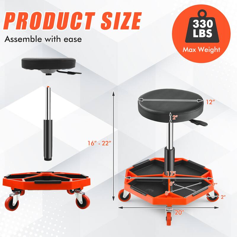 Costway Heavy-Duty Adjustable Height Rolling Stool with Tool Tray - See Details