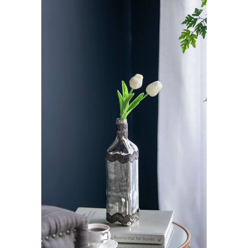 D3x12" Antique Silver Decorative Glass Bottle Vase with Bronze Leaf Accents