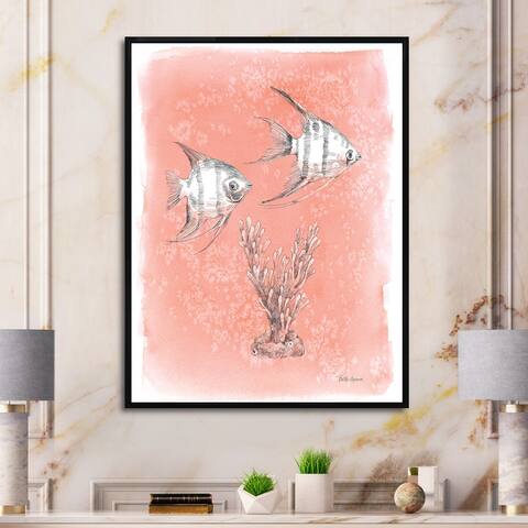Designart "Coastal Sea Life III fish sketches" Nautical & Coastal Framed Canvas - Pink