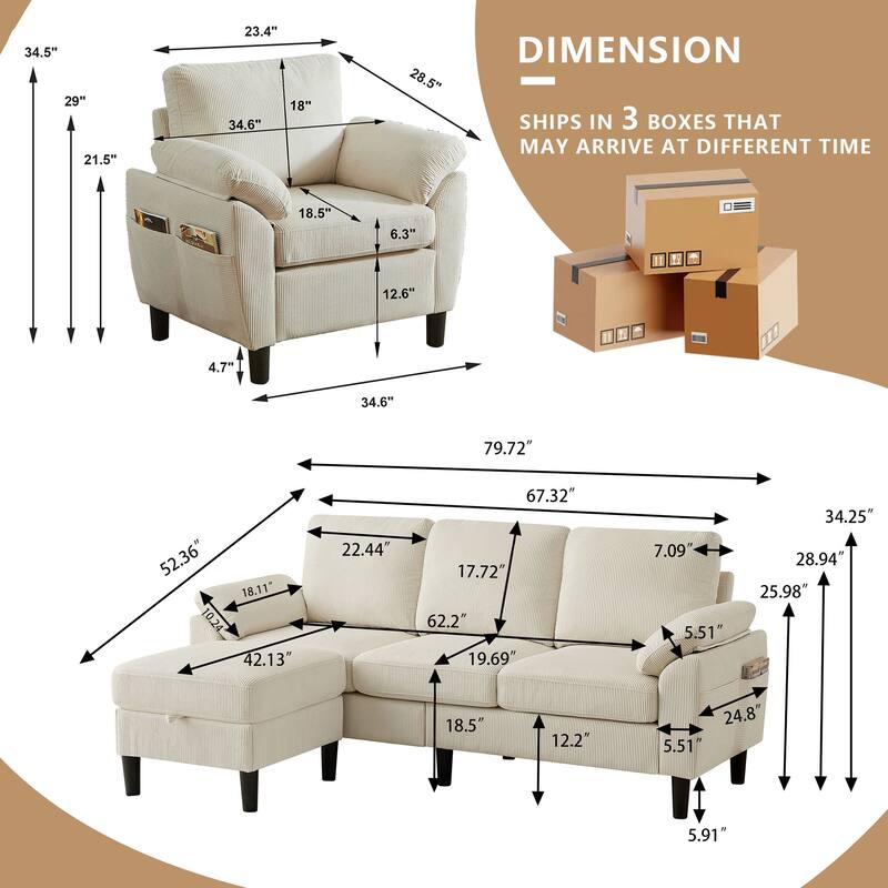 79.72" Corduroy 3 Pieces Living Room Sets Including Sectional Sofa with Storage Ottoman and Armchair Set