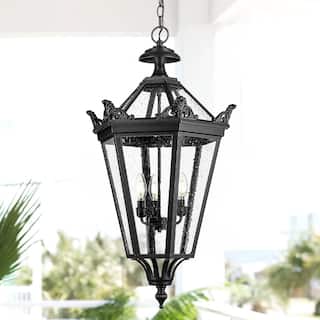 32 Inch Outdoor Pendant Ceiling Light with Seeded Glass, Taper Candle