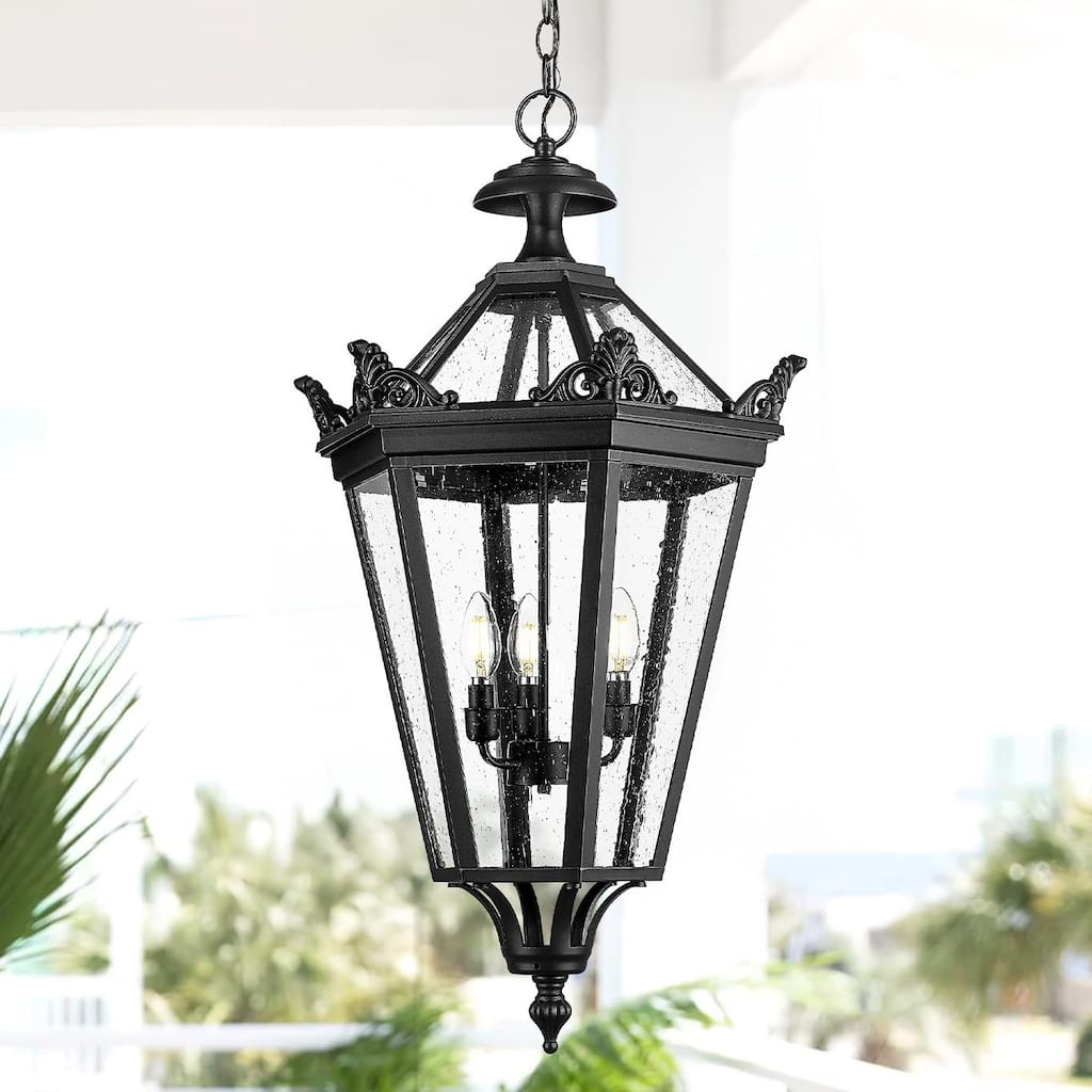 32 Inch Outdoor Pendant Ceiling Light with Seeded Glass, Taper Candle