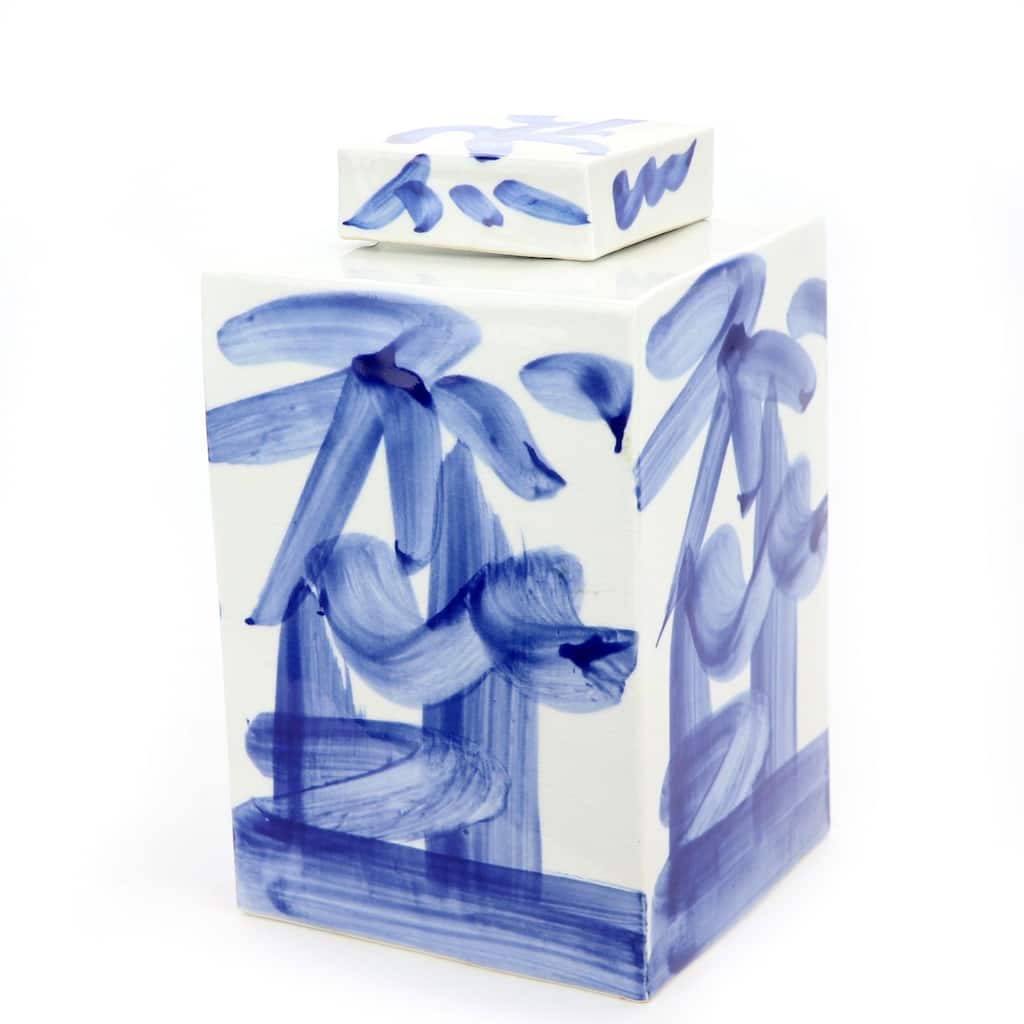 Blue And White Brushstroke Square Tea Jar
