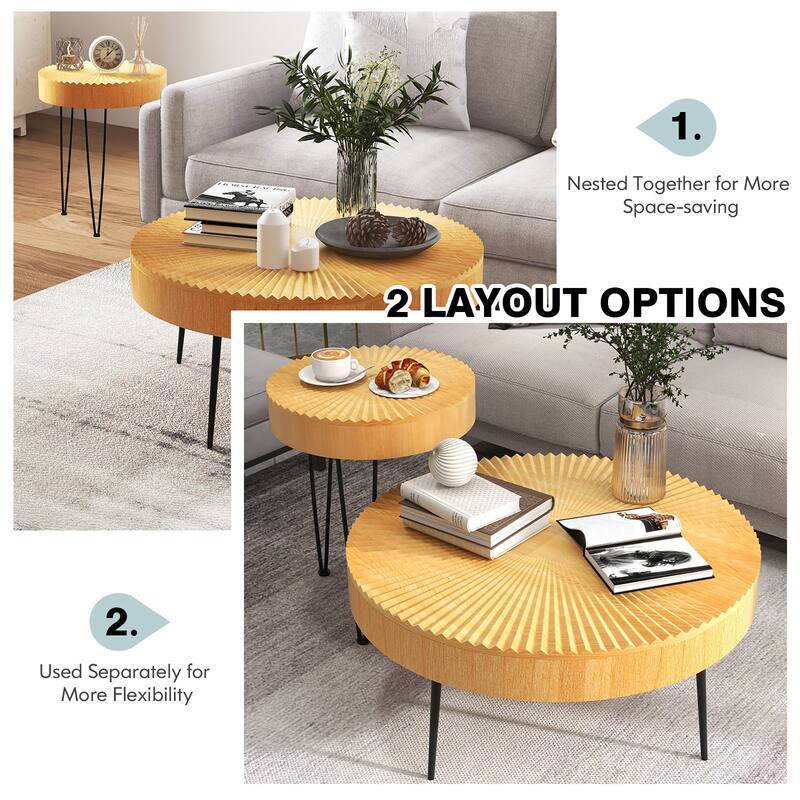 Costway Farmhouse Round Coffee Table Set of 2 End Table Natural Finish - See Details