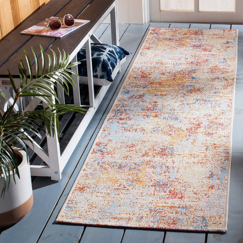 SAFAVIEH Summer Rosetraut Boho Indoor/ Outdoor Waterproof Patio Backyard Rug - 2' x 8' Runner - Ivory/Light Blue