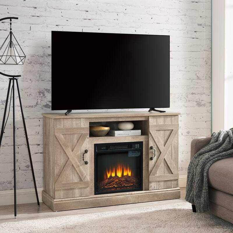 Light Gray Fireplace TV Stands w/ Open & Closed Storage Space TV Table