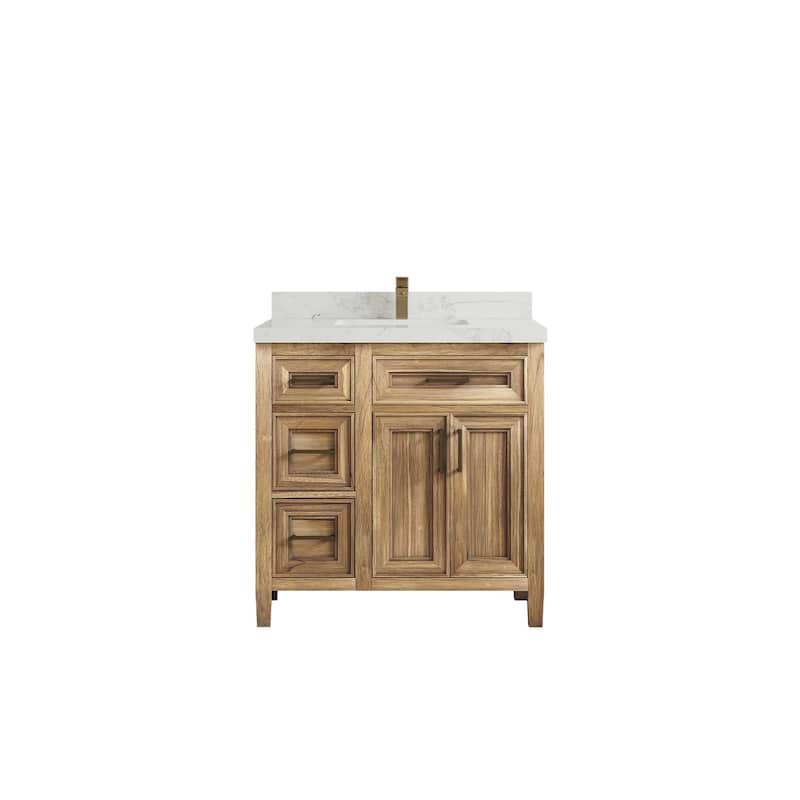 Willow Collections 36 in. W x 22 in. D Santa Monica Teak Bathroom Vanity Center with Countertop - 2" Calacatta Nuvo - Whitewashed Teak