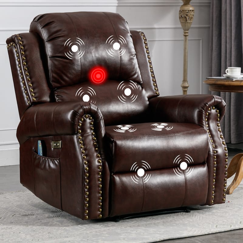 Power Recliner Chair with Massage and Heat, Faux Leather Electric Recliner with USB Port for Living Room - Red Brown