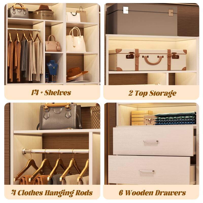 Corner Closet System with 6 Drawers & 4 Hanging Rods,Set of 3,Reversible Walk-in Closet Organizer System with Adjustable Shelves