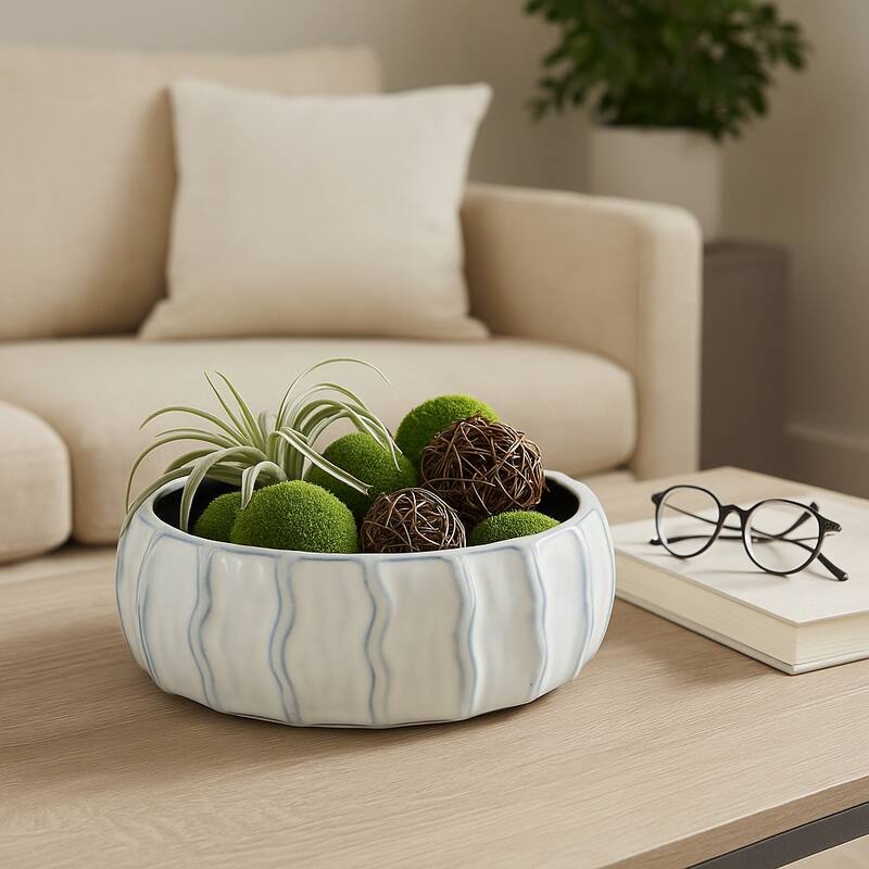 Coastal Ceramic Sea Urchin Decorative Bowl - 11", White & Blue - 11.0"