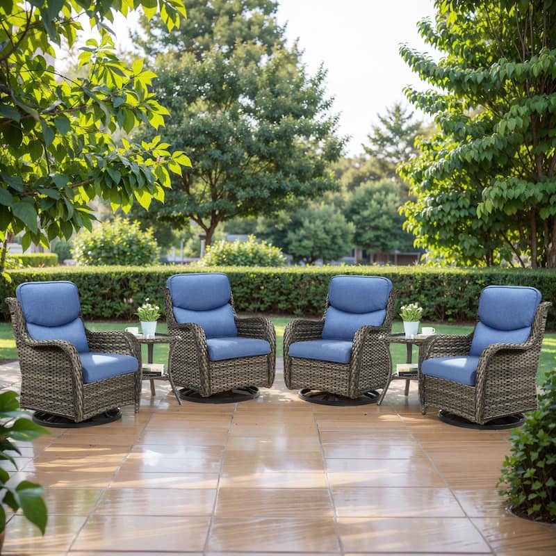 6 Pieces Outdoor Gliders Swivel Chairs with Table with 5-Inch Thick Cushions - Grey Rattan - Blue Cushion - 5PCS Swivel Chairs with Table