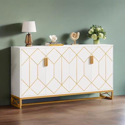 Modern White Storage Cabinet with Gold Accents and Adjustable Shelves for Living Room or Kitchen - 59.05" x 13.77" x 35.82"