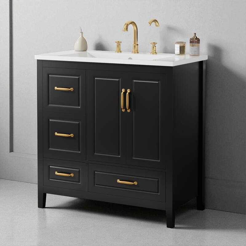 36" Bathroom Vanity with Resin Sink, Soft-Closing Doors & Drawers, Gold Handles, Freestanding Storage Cabinet - Black