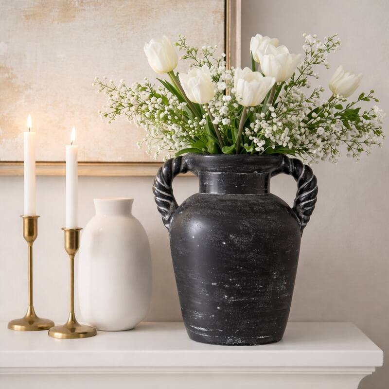 Decorative Textured Amphora Table Vase with Twisted Handles
