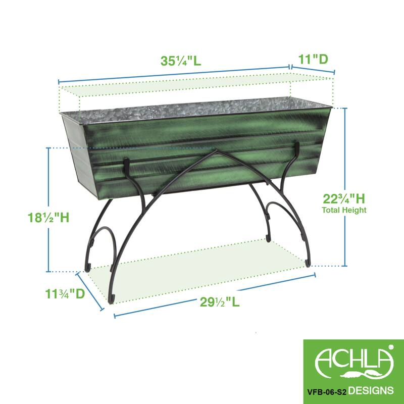 Achla Designs 35.25"L Rectangular Classic Green Galvanized Steel Indoor Outdoor Large Flower Box