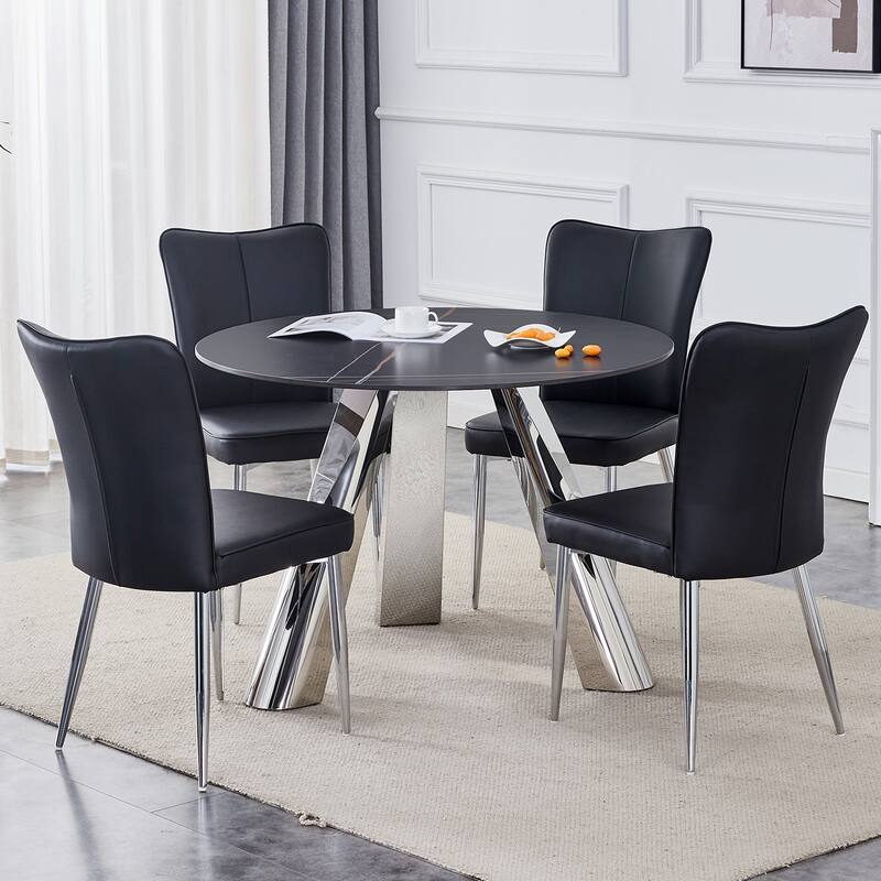 Modern Round Dining Table with 4 PU Chairs, Coffee Table & Chairs Set Breakfast with 4 Upholstered Chairs