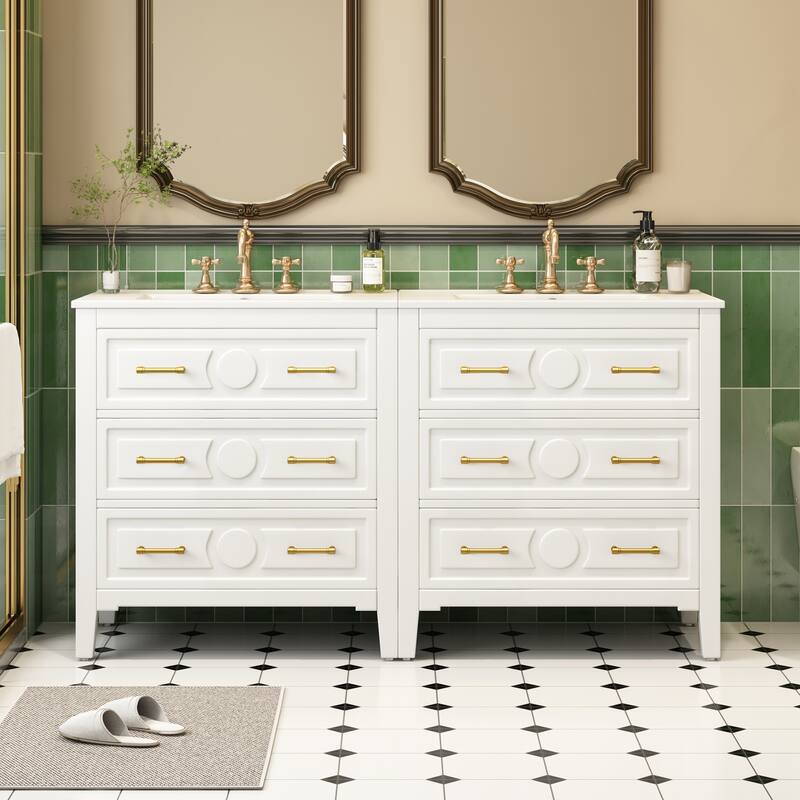 60" Bathroom Vanity with Ceramic Sink - Free Standing Solid Wood Storage Cabinet, 3 Drawers, Single Sink Vanity Set - White