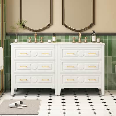 60" Bathroom Vanity with Ceramic Sink - Free Standing Solid Wood Storage Cabinet, 3 Drawers, Single Sink Vanity Set