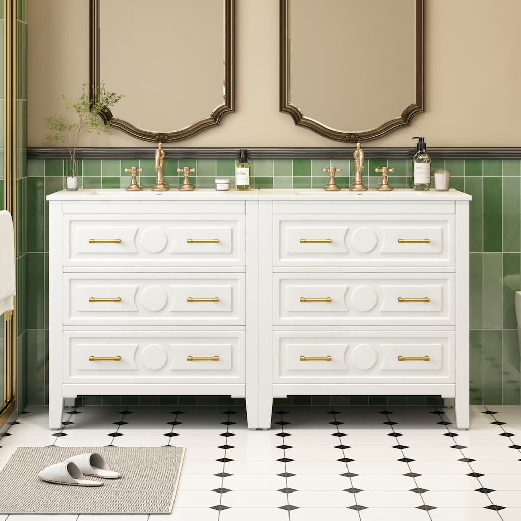 60" Bathroom Vanity with Ceramic Sink - Free Standing Solid Wood Storage Cabinet, 3 Drawers, Single Sink Vanity Set