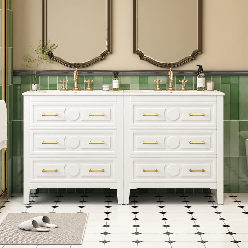 Roomfitters 30 Inch Bathroom Vanity with Ceramic Sink Combo, Freestanding Storage Cabinet with 3 Drawers - White