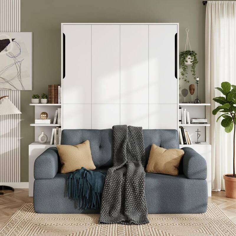Queen Murphy Wall Bed with Sofa and Storage Towers by Harper&Bright Designs - White&Gray