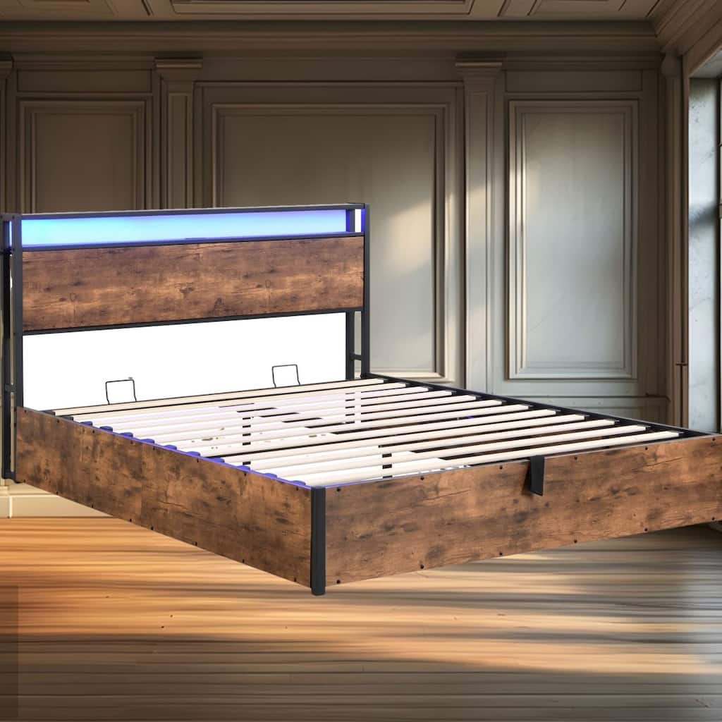 Lift-Up Full Size Bed Frame with Bookcase Headboard, LED Lights, Charging Station & Space-Saving Storage