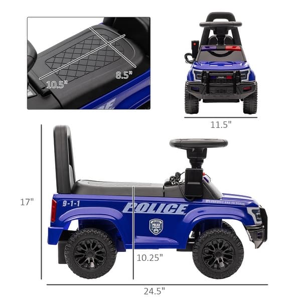 dimension image slide 0 of 3, Kids Police Push Ride-On Car with PA System, Horn, Steering Wheel & Storage, Foot-to-Floor Sliding Toy for Ages 18-60 Months