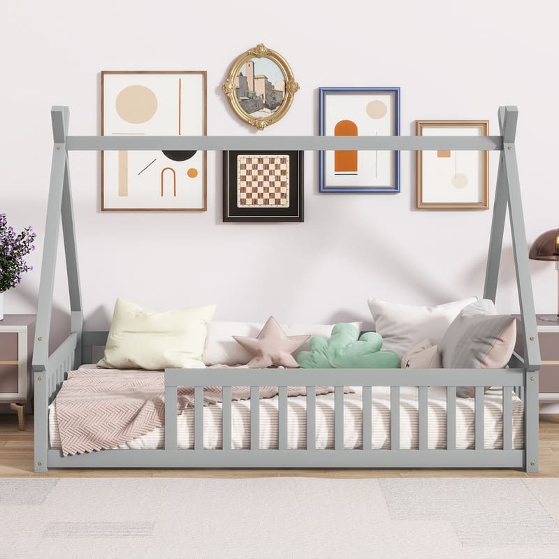 Twin Size Tent-shaped Floor Bed with Guardrails and Slats - Grey
