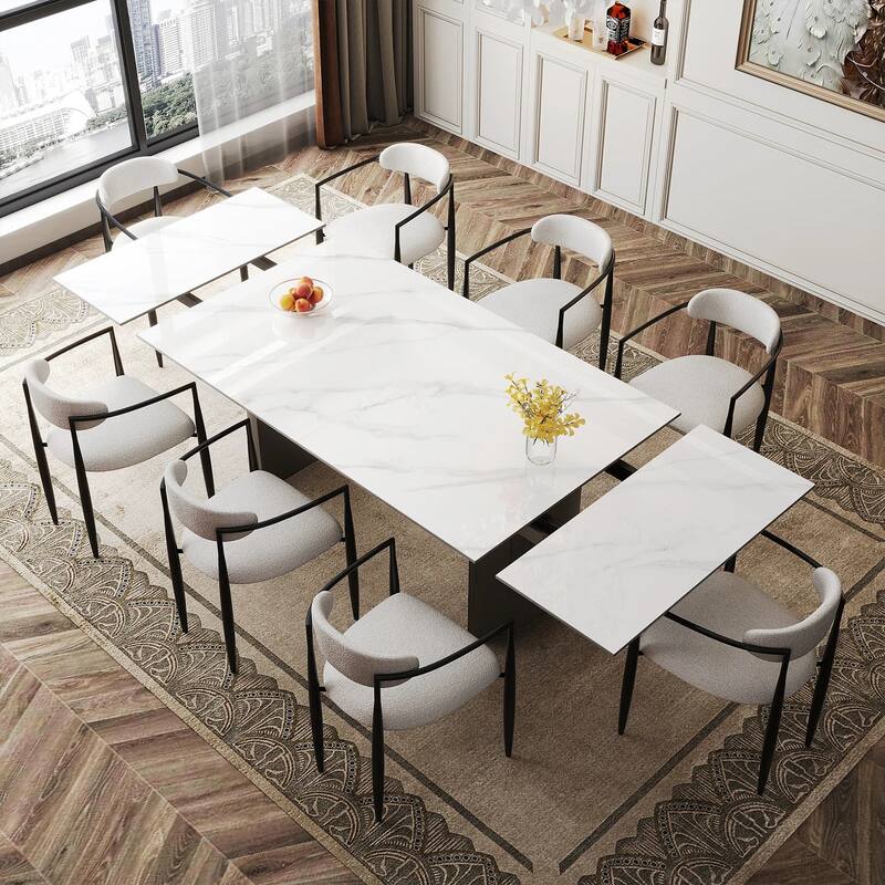 9 - Piece Modern Minimalist Extendable Sintered Stone Top Double Pedestal Dining Set
