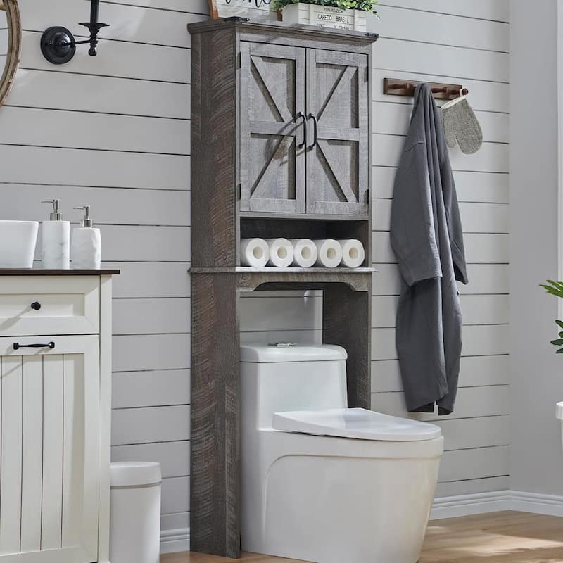 Farmhouse Over The Toilet Storage Cabinet, 67" Tall Bathroom Cabinet - Grey Wash