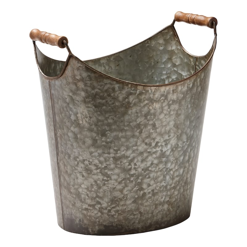 Galvanized Flower Market Bucket with Wooden Handles, 12.0L x 9.25W x 13.25H inches
