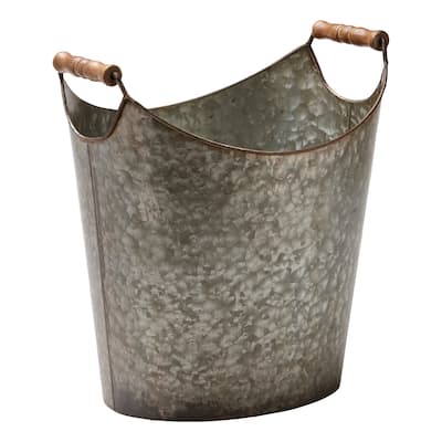 Galvanized Flower Market Bucket with Wooden Handles, 12.0L x 9.25W x 13.25H inches
