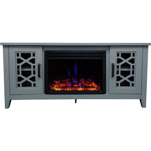 Hanover 56-in. Arcadia Mid-Century Modern Electric Fireplace Heater with Multi-Color Deep Log Insert, Slate Blue - 56 Inch
