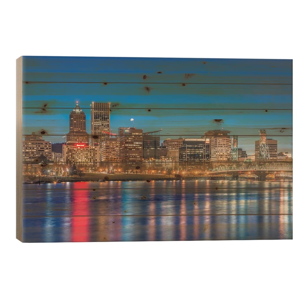 USA, Oregon, Portland, Downtown Skyline at Twilight Print On Wood by Rob Tilley - Multi-Color