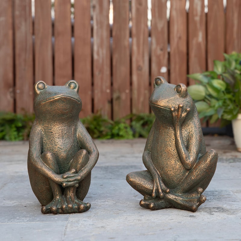 Glitzhome 12''H Resin Bronze Squatting Sitting Frog Statue - Set of 2
